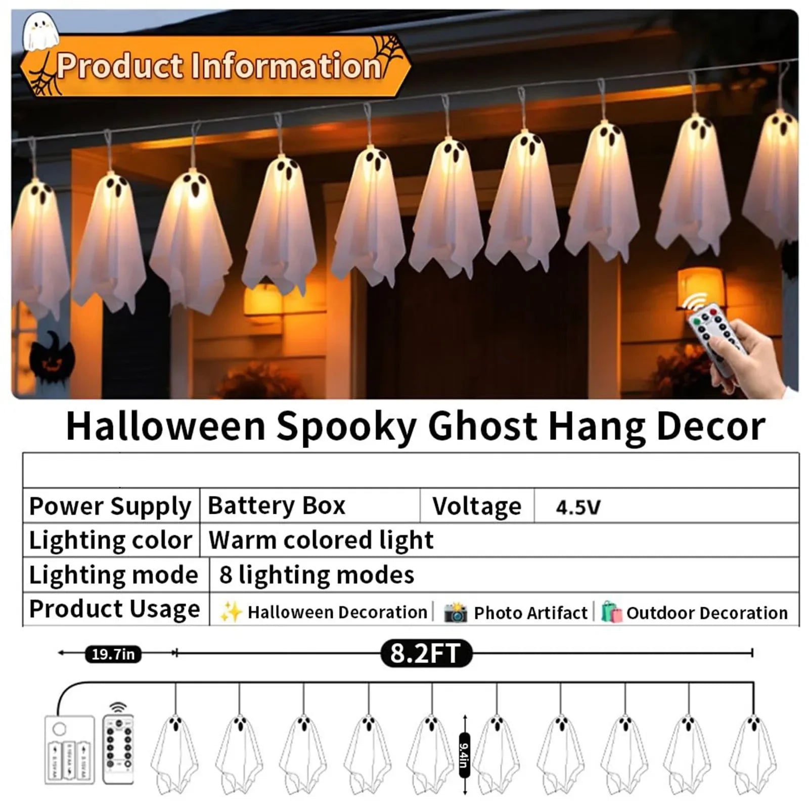 Ghost LED String Lights – 8 Mode Waterproof Hanging Garland