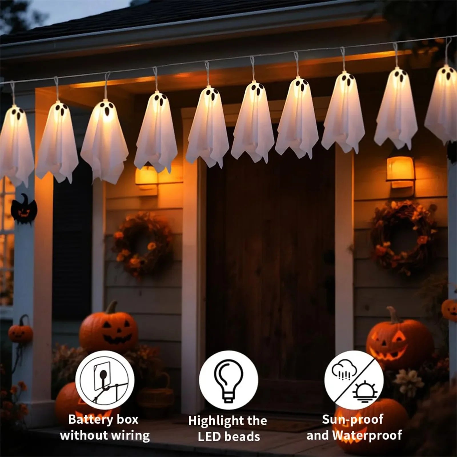 Ghost LED String Lights – 8 Mode Waterproof Hanging Garland